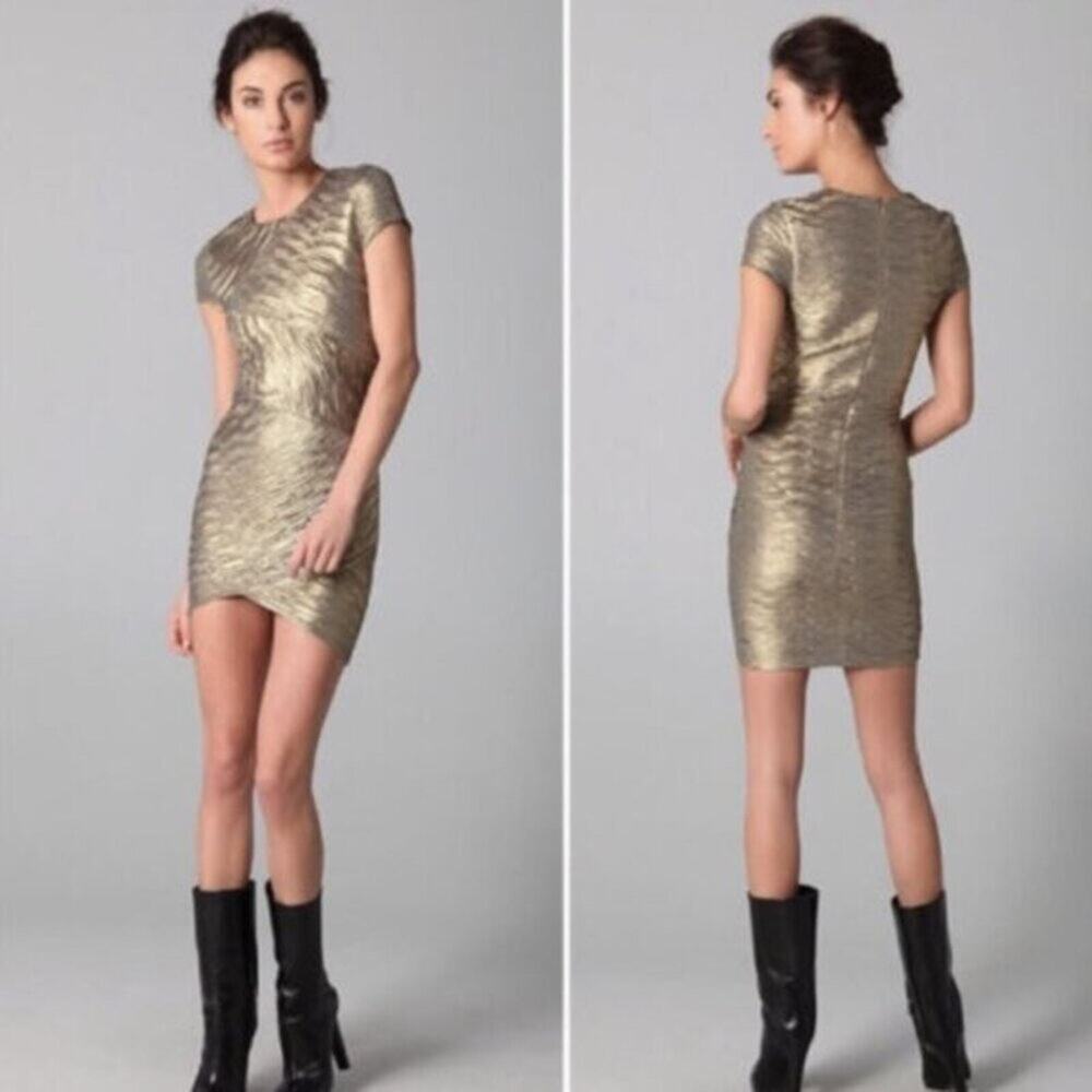 Torn By Ronny Kobo Kaitlyn Mini Bodycon Gold Metallic Ruched Dress Size Small
